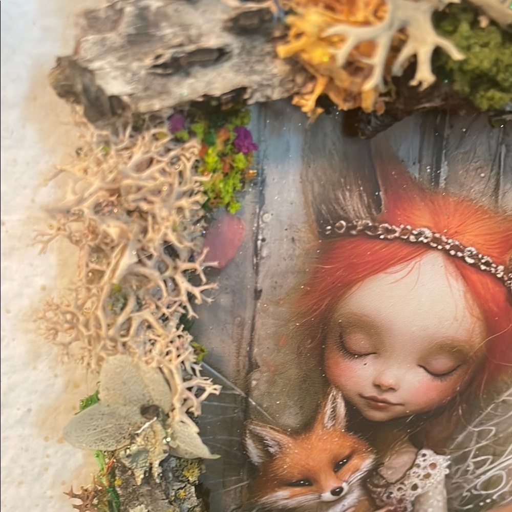 Whimsical Fox Art with Floral Accents handcrafted border moss/flowers fairy - Picture 10 of 12